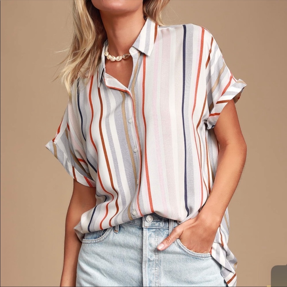 Lulus White Multi Strip Button Up Top
